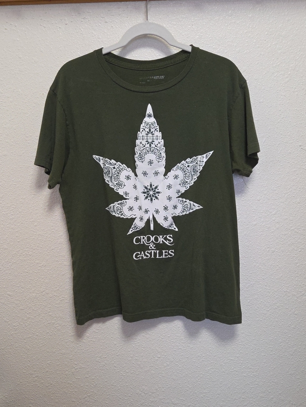 Crooks & Castles Olive Green Tee with White Paisley Leaf Motif